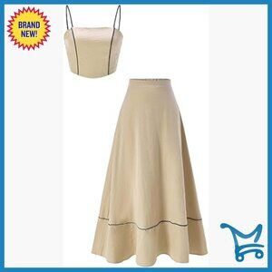 Polyester Skirt Set Square Neck Crop Top Maxi Skirt 2 Piece Outfit